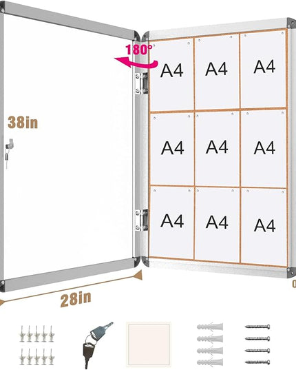 Mifuro 38"x28" Enclosed Bulletin Board, Lockable Weather-Resistant Aluminum Cork Noticeboard for School & Office, Silver Frame w/Cork