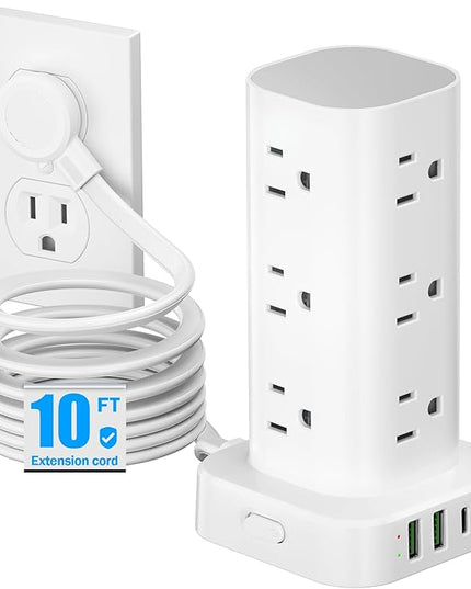Flat Plug Power Strip Tower Surge Protector, 10FT Flat Extension Cord with Multiple Outlets, 12 AC Outlets, 4 USB Ports (2 USB C) Charging Station for Office Home Dorm Room Travel (White)