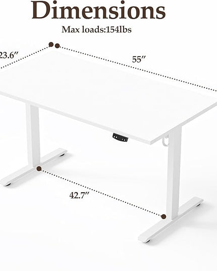 Klicelor 55 Inch Large Electric Standing Desk, Height Adjustable Office Desk, Sit Stand Up Computer Gaming Desk with Memory Preset, Two-Piece Desktop, White
