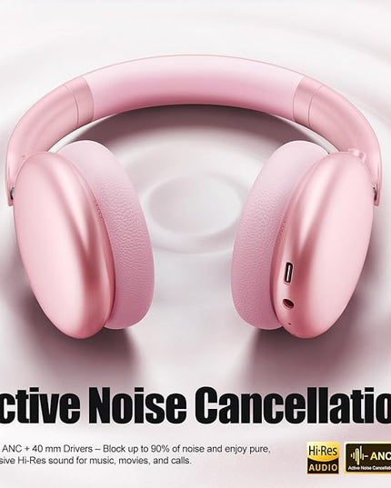 Wentronic Y06 Noise Cancelling Headphones,58H Playtime and 5 EQ Music Modes Wireless Over Ear Bluetooth Headphones with Microphone,Lossless Audio,Multipoint Connection,Foldable,Lightweight,Pink