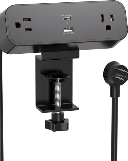 Desk Clamp Power Strip 10ft Flat Plug Extension Cord with USB C, 2 Outlets, Surge Protector USB C (PD 20W), USB A(QC 18W) Fast Charging Ports,Table Outlets for Home, Office, Black