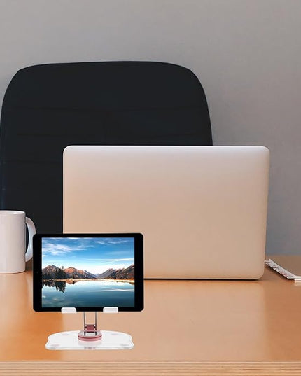 CONGARTENO Adjustable Acrylic Tablet Stand Holder for Desk and Travel, 360° Rotatable Folding Pink Tablet Holder Compatible with Ipad for Home Office Use