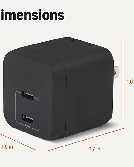 Amazon Basics Fast Charging USB C Nano GaN Wall Charger, 35W 2-Port for Tablets Phones, Black