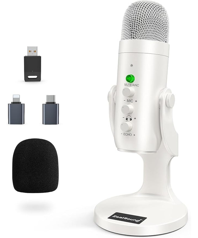 ZealSound Wireless Microphone,USB Mic for iPhone PC iPad Android Phone-Cordless Condenser Desktop Microphones with Mute Echo Monitor Volume Gain 2.4GHz for Podcast,ASMR,Gaming,YouTube Video/K66 White