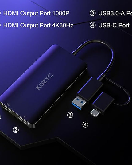 KOZYC USB 3.0 to HDMI Splitter Extended Display Dual Monitors, USB 3.0-A/C to Dual HDMI Adapter 4K@30Hz+1080p@60Hz Compatible MacBook/MacBook Pro Air Dell (MST Support MacOS/Windows)