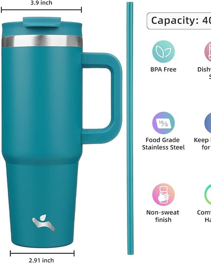 40 oz Tumbler with Handle and 2 Straws,2 in 1 Lid Insulated Water Bottle Stainless Steel Travel Coffee Mug,Blue