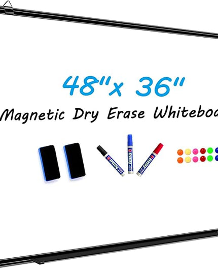 H-Qprobd 48"x36" Magnetic White Board Dry Erase Wall Mount Whiteboard - Office Home Classrooms White Board Hanging Writing Board with Black Aluminum Frame
