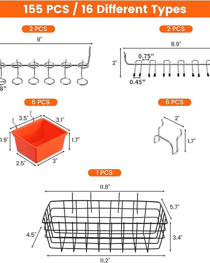 Pegboard Organizer Accessories Kit 155 PCS, Peg Board Hooks Assortment with Bins, Baskets for 1/4 inch Pegboard Wall Organizer, Garage Organization, Workbench, Craft Room, Hanging Tools