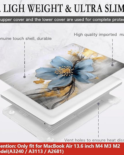 CISSOOK for MacBook Air 13.6 inch Case 2025 2024 2023 2022 Release Model A3240 A3113 A2681, Laptop Hard Shell Cases with Keyboard Cover Type C Adapter for MacBook Air 13 M2 M3 M4, Retro Golden Floral