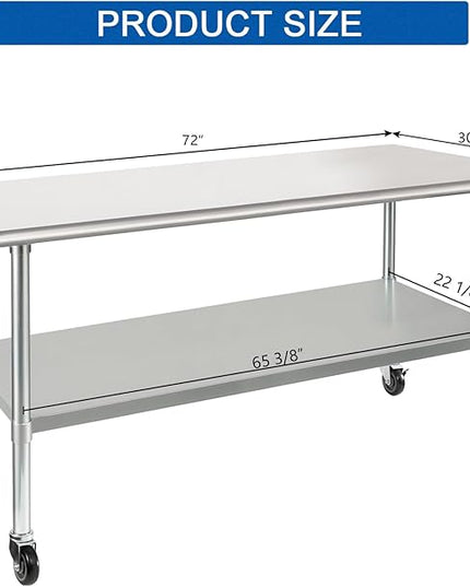 HARDURA Stainless Steel Table with Wheels 30 x 72 Inches Casters NSF Heavy Duty Commercial Prep Table with Undershelf and Galvanized Legs for Food Prep