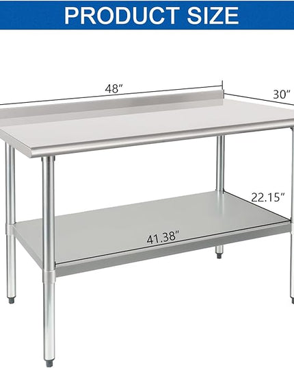 HARDURA Stainless Steel Prep & Work Table 30 x 48 Inches NSF Heavy Duty Commercial with Undershelf and Backsplash, Galvanized Legs for Commercial Food Prep