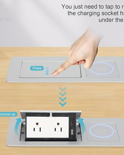 Pop Up Outlet with 15W Wireless Charger, Power Strip with 2 AC Outlets, USB A and USB C Charging Ports Recessed Multimedia Strip Socket Hidden Table Connection Box with Outlet (Sliver-F-Wireless)
