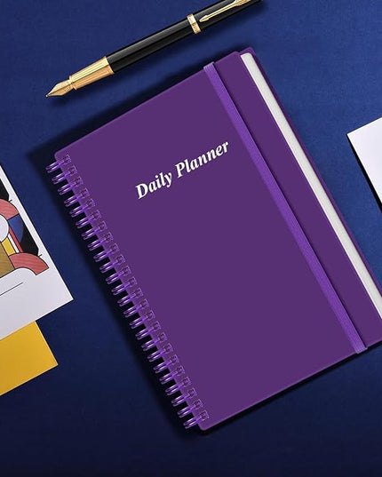 Daily Planner Undated - A5 To Do List Notebook Hourly Schedules, Spiral Appointment Planner for Women and Men, PVC Hardcover, Inner Pocket, Elastic Closure, 5.8" x 8.3", Purple
