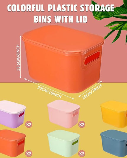 Thyle 12 Pack 7 Quarts Plastic Storage Bins for Christmas Storage with Lids Handles Colorful Stackable Desktop Box Bins with Label for Shelf Drawer,10 x 7 x 6 Inch (Macaron Color)