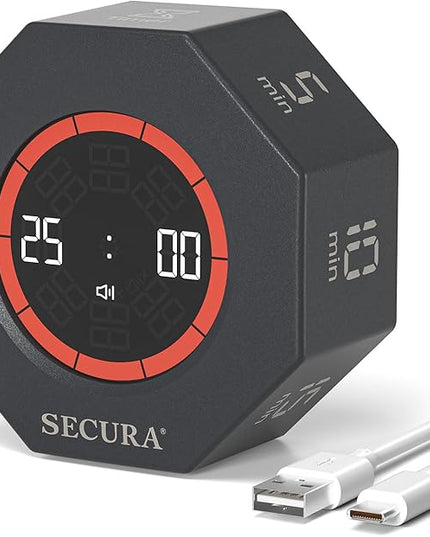 Secura Pomodoro Timer, Rotating Cube Time Tracker, Flip Gravity Sensor with 7 Presets(5/10/15/20/25/50/90 Minutes), Visual Progress Bar for ADHD, Kids, Tasks, Work, Study (Dark Gray)