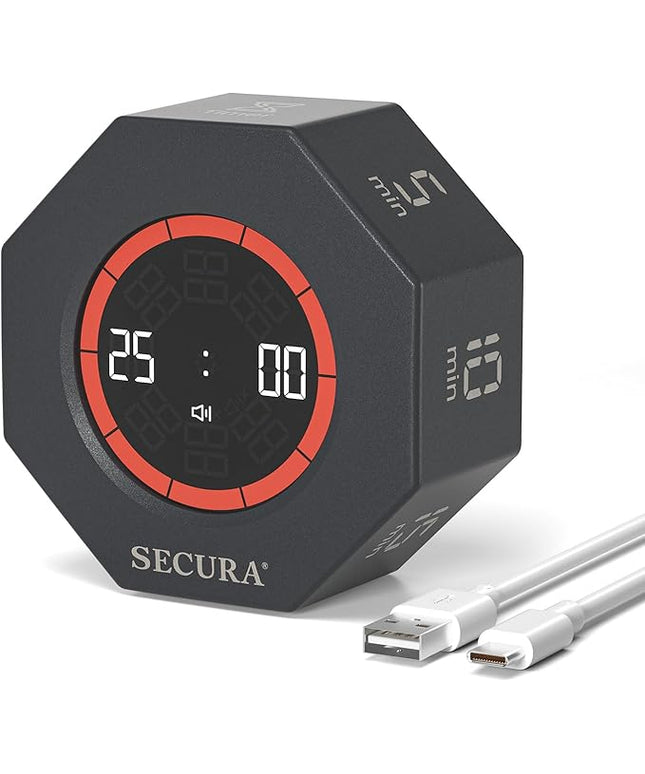 Secura Pomodoro Timer, Rotating Cube Time Tracker, Flip Gravity Sensor with 7 Presets(5/10/15/20/25/50/90 Minutes), Visual Progress Bar for ADHD, Kids, Tasks, Work, Study (Dark Gray)
