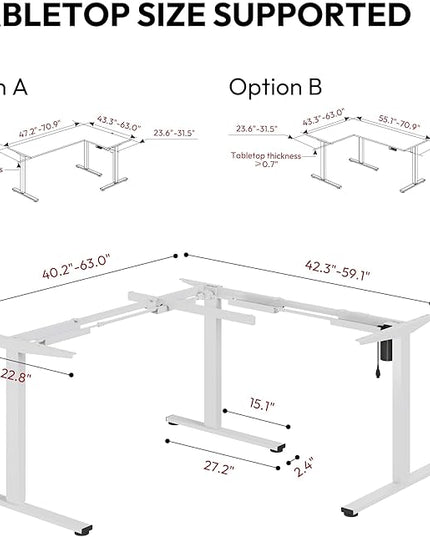 SANODESK Electric Height Adjustable 3 Leg Corner Desk Frame, up to 220lbs, Sit Stand Ergonomic L Shaped Frame Only, White