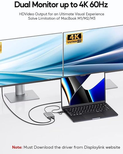 PULWTOP Displaylink Adapter, USB C to HDMI Adapter with Dual Monitor for Mac M1/M2/M3/M4, USB C to Dual HDMI for MacBook, Laptops, iMac, Driver Required