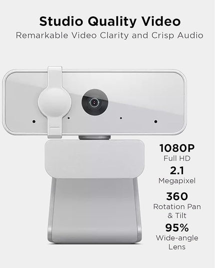 Lenovo HD 1080p Webcam (300 FHD) - Monitor Camera with 95° Wide Angle, 360° Rotation Pan & Tilt, Dual Microphones – Attachable Desktop Cam with Privacy Shutter for Remote Work, Streaming & Gaming