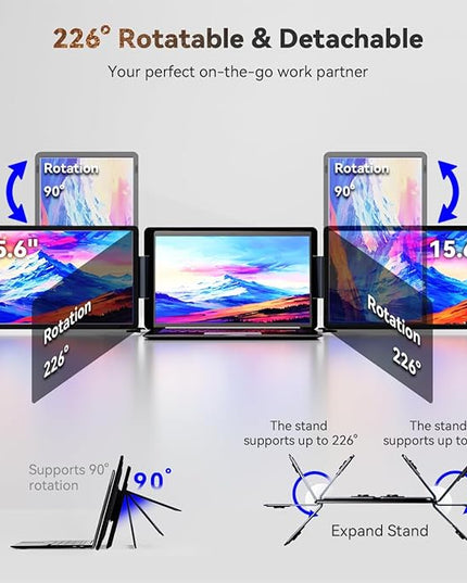 FQQ 15.6" Detachable Laptop Screen Extender, FHD 1080P IPS Dual/Triple Portable Monitor for Laptop, USB-C/HDMI Plug & Play, Multi/Extra Travel Display Computer Monitor for 12-18.5" Win/Mac/Android-S9H