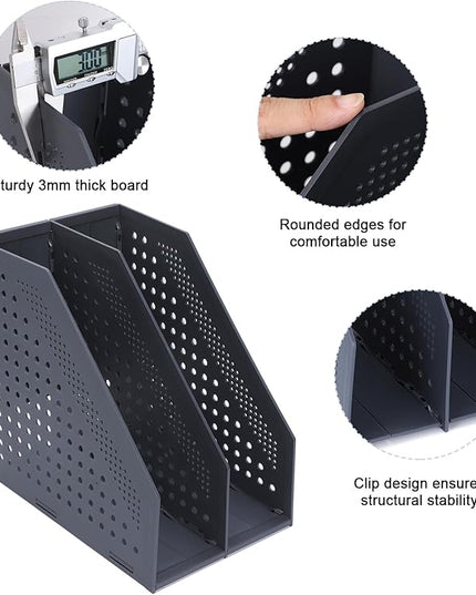 Collapsible Magazine File Holder with 2 Vertical Compartments Foldable Binder Holder for Desk Binder Storage Organizer Plastic Magazine Holders for Shelf, Dark Gray