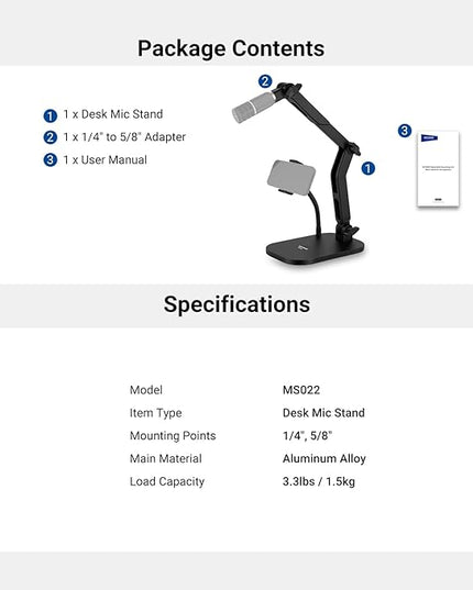 NEEWER Desk Microphone Stand with Phone Clamp & Flexible Arm, Adjustable Table Top Mic Holder Mount with 1/4" to 5/8" Screw Adapter Compatible with Blue Yeti Razer Seiren Mini, Max Load 3.3 lbs, MS022