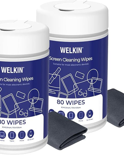 WELKIN 80 * 2 Electronics Cleaning Wipes - Non Toxic Screen Cleaner, Streak Free Touchscreen Cleaning for All Phones, Laptop, Computer, TV and Car，2 X Microfiber Cloth Included