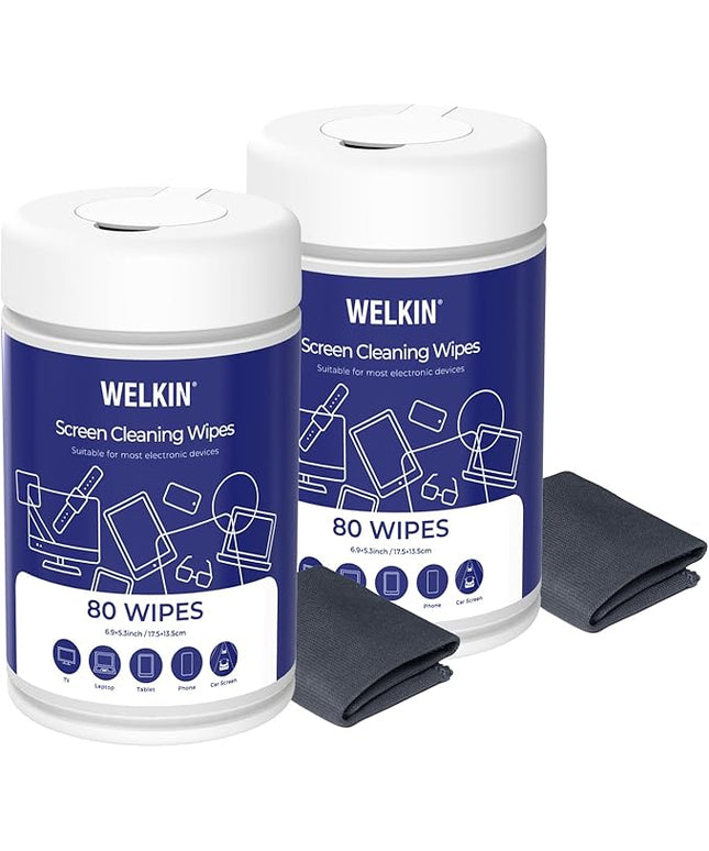 WELKIN 80 * 2 Electronics Cleaning Wipes - Non Toxic Screen Cleaner, Streak Free Touchscreen Cleaning for All Phones, Laptop, Computer, TV and Car，2 X Microfiber Cloth Included