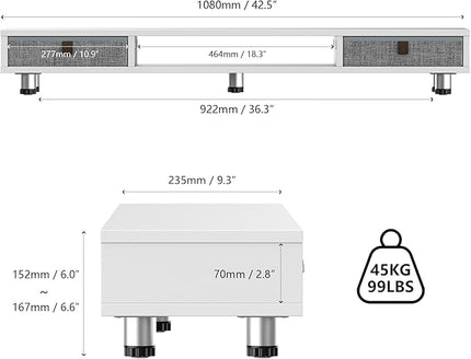 Fenge Dual Monitor Stand with 2 Drawers, 42.5 Inches Large Computer Riser for Desk, Adjustable Height Desk Shelf with Storage for Laptop, PC, TV, Printer