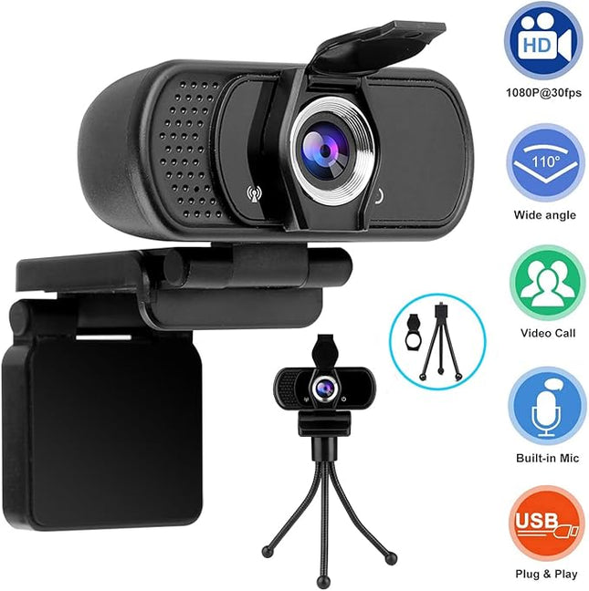 Full 1080P HD Webcam with Microphone, USB Webcam for Laptop and Desktop, External Web Camera, Streaming PC Web Camera with Privacy Cover and Tripod, Widescreen Web cam for Zoom Skype YouTube