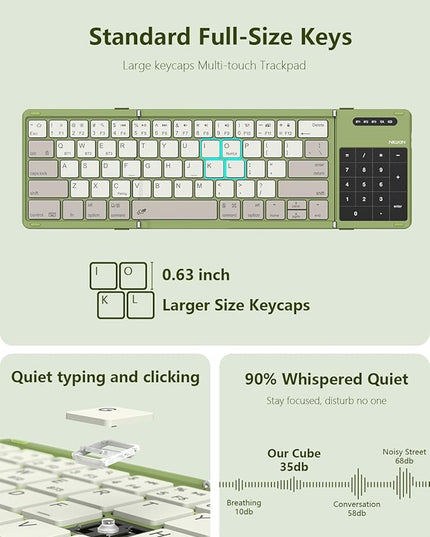 Nillkin Foldable Bluetooth Keyboard with Touchpad & Number Pad, Portable Bluetooth Keyboard with Full Size Keys, Pocket-Sized Wireless Travel Keyboards for iPad, Smartphone, Tablet and Laptop Green