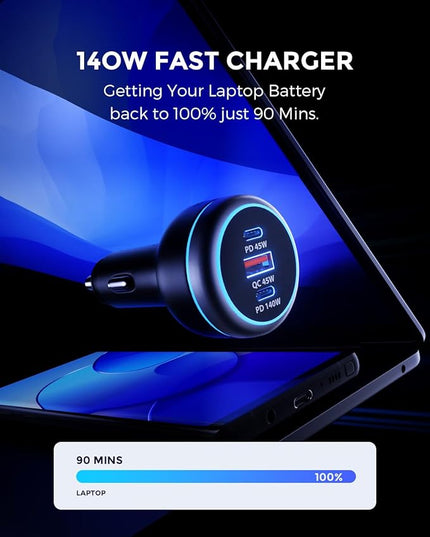 SUNDA 230W USB C Fast Car Charger, 3-Ports Car Charger Adapter, Dual Type C PD140W/PPS63W Compatible with iPhone17/16Pro/Max/iPhone15/Laptop/Galaxy/SamsungS25, USB-A 45W QC3.0 for Android