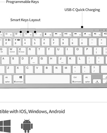 JKSML Wireless Keyboard with 78 Keys, Bluetooth and 2.4 GHz Wireless, Low Profile, Fluid Quiet Typing, 12 Programmable Keys, USB C Rechargeable, for Phone, Tablet, PC, Laptop, Smart TV - White