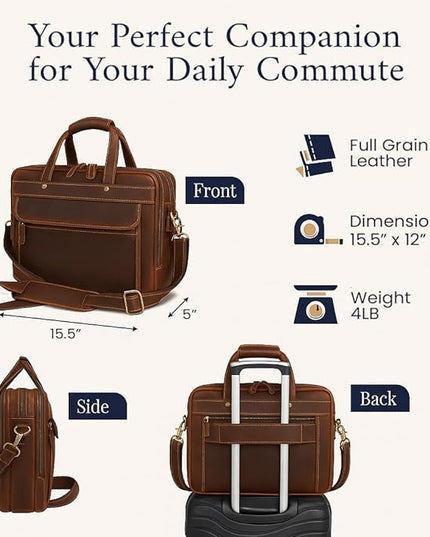 Luxorro Full Grain Leather Briefcase for Men, Top Choice Gifts, Handcrafted Laptop Bag with Multiple Compartments and Brass Hardware, Fits 15.6 Inch Laptop