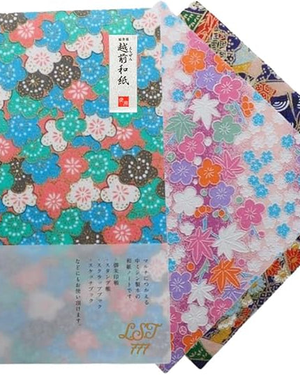 Made in Japan Echizen Washi Notebook with Sakura Watermark (Page 48)& 2 sheetsYuzen Origami Paper Set – Luxury Japanese Stationery Gift (Colorful Floral Tiles)