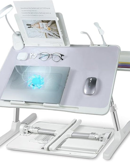 Laptop Lap Desk with Cooling Fan - Adjustable with Light, USB, Storage Drawer - Folding Bed Desk,22.04"*12.59",Grey