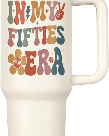 Shqiueos 50th Birthday Gifts for Her 40oz Tumbler with Handle and Straw Lid, 50 Year Old Gifts for Women, Mom, Wife, Sister, Friend, 50s Birthday Decoration-In My Fifties Era Cup Water Bottle