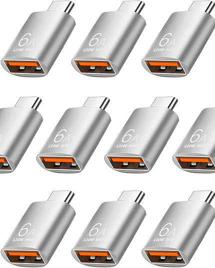 Pastall 10 Pack 10Gbps/120W USB C to USB3.1 Adapter, Silver Type C Male to USB Female Adapter for Smartphone, PC, Laptop, Tablet, Keyboard etc.