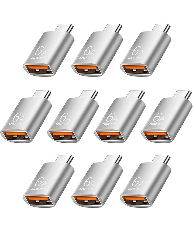 Pastall 10 Pack 10Gbps/120W USB C to USB3.1 Adapter, Silver Type C Male to USB Female Adapter for Smartphone, PC, Laptop, Tablet, Keyboard etc.