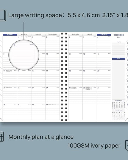 POPRUN 2026-2027 Monthly Planner A4 Size, 16 Months Calendar (Dec 2025-Mar 2027), 2 Pages per Month with Dotted & Lined Note, Monthly Tabs, Spiral Softcover, 2 Inner Pockets - Pink