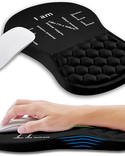 Ergonomic Mouse Pad Wrist Support with Memory Foam Massage Bulge, Carpal Tunnel Pain Relief Mousepad Wrist Rest for Mouse(12x8 inch, I Am Fine)