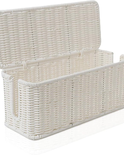 Cable Management Box, Handmade Rattan Cable Organizer, 2 Open Slots Cords Hider Box, Under Desk Cord Organizer for Computer Router USB Hub & Power Strip, Patent Pending, 13" x 5.1" x 5.1", White