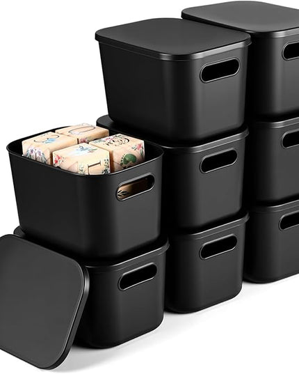 Hoolerry 8 Pieces Colorful Storage Bins with Lid, Plastic Storage Basket Organizing Container Stackable Box with Handle for Shelves Desktop Playroom Office(9.8 x 7.1 x 6.3 Inch,Black)