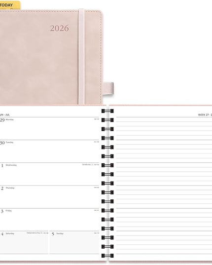 POPRUN 2026 Planner Weekly Notebook (Jan-Dec), Medium 8.5''x 6.5'' - Agenda 2026 Calendar Book with Monthly Tabs, Inner Pocket, Spiral Soft Cover, 100 GSM - Soft Pink
