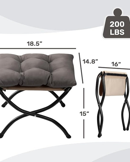 HollyHOME 15"(H) Folding Footrest Stool, Upholstered Small Foldable Ottoman, Accent Padded Sofa Foot Stool for Lazy Chair, Metal Frame Portable Foot Rest Ottoman for Living Room, Bedroom, Dark Grey