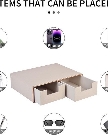 RHCSZ Linen Leather Desk Organizer with Drawers－Mini Desktop Drawer Organizer Stackable－Multifunctional Tabletop Organization Storage Box for Office Supplies Home Vanity Toiletries (Beige, 2-drawers)