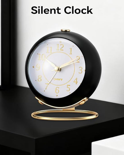 rjuwurv Metal Desk Alarm Clock, Retro Bedroom Table Vintage Analog Silent Non-Ticking Gold Alarm Clock, Bedside Decor(Black)