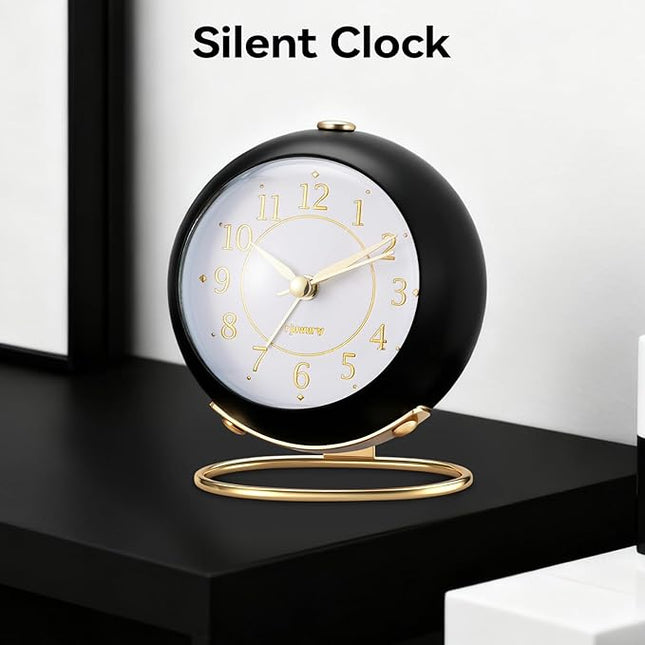 rjuwurv Metal Desk Alarm Clock, Retro Bedroom Table Vintage Analog Silent Non-Ticking Gold Alarm Clock, Bedside Decor(Black)