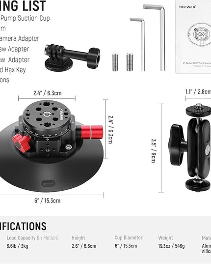 NEEWER 6"/15.2cm Camera Suction Cup Mount with Ball Head Magic Arm, Metal Suction Cup Mount on Car Windshield Dash for Camera/Action Camera/Phone Holder, with 1/4" & 3/8" Mounting Holes for ARRI
