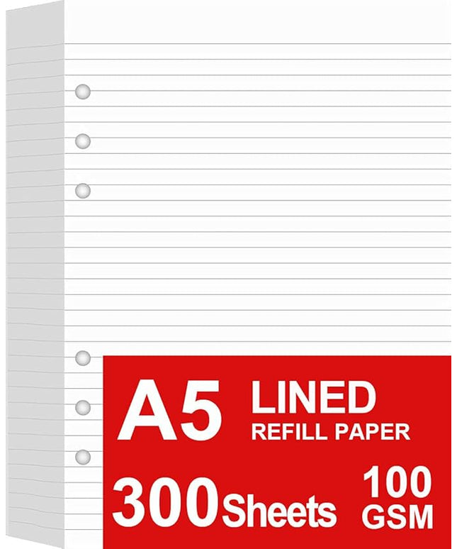 (3 Pack) A5 Lined Paper Refill, 300 Sheets/600 Pages Refill Paper for Large Leather Journal/Filofax Binders, 6 Holes Punched, 100gsm Ruled White Filler Paper, 5.8'' x 8.2''
